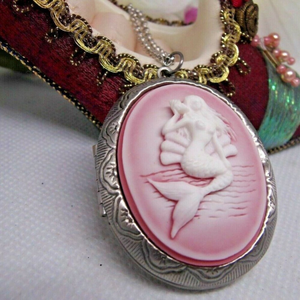 Pink Frosted Mermaid Locket Cameo Necklace Photo